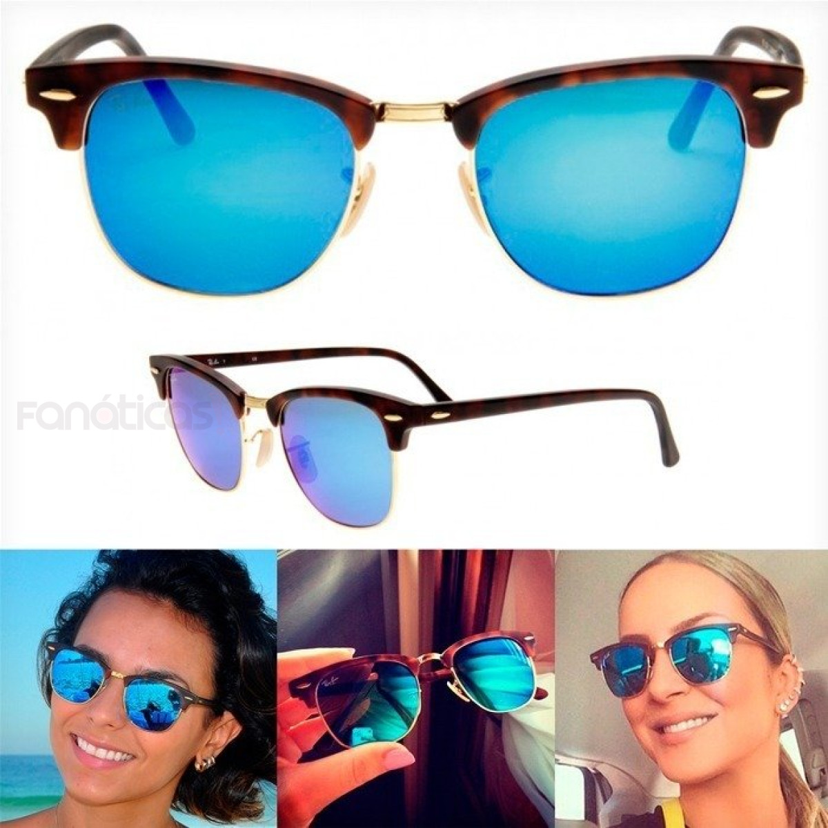 Óculos de Sol Clubmaster Tartaruga Azul Espelhado RB3016